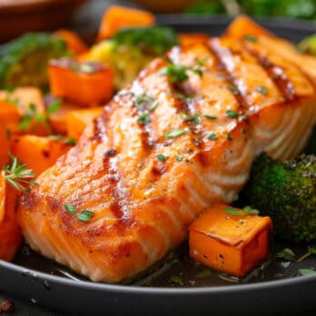 Delicious baked salmon with roasted vegetables and herbs on black plate.