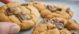 person reaching out for a chocolate chunk cookie from a cookie tray