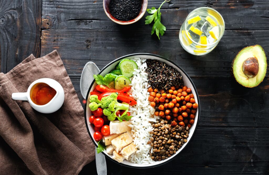 salad bowl that combines proteins lentils rice quinoa tofu